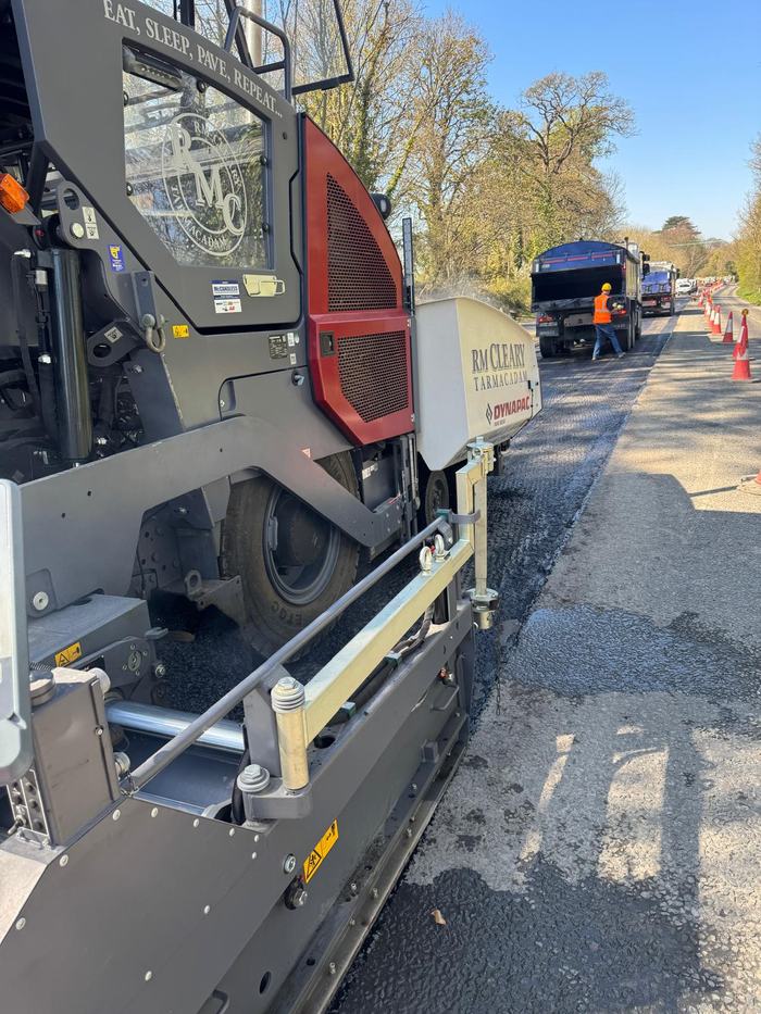The RM Cleary Dynapac paver working with tippers queued behind to keep it fed.